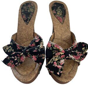 Womens Sz 32 Classic Pump Heel Multicolor Floral Pink Black Flower Bow‎ Slip Ons